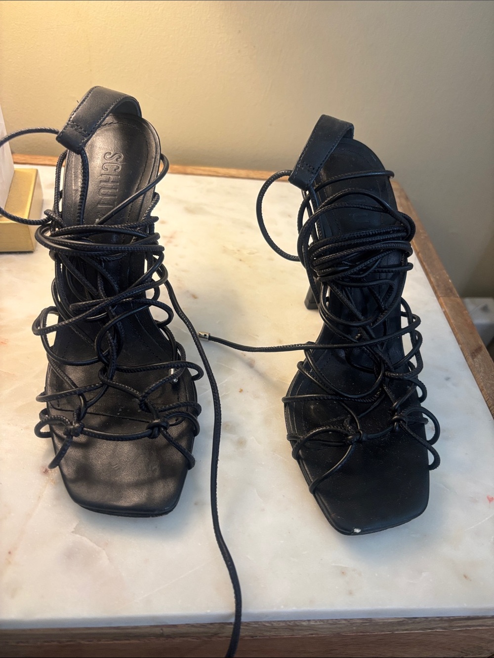 SCHUTZ Black Lace-Up Strappy High-Heel Sandals